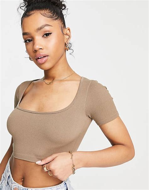 Stradivarius Seamless Ribbed Scoop Neck Top In Taupe Asos