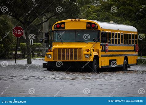 School Buses Stuck In Water During Hurricane Eta At Florida Street