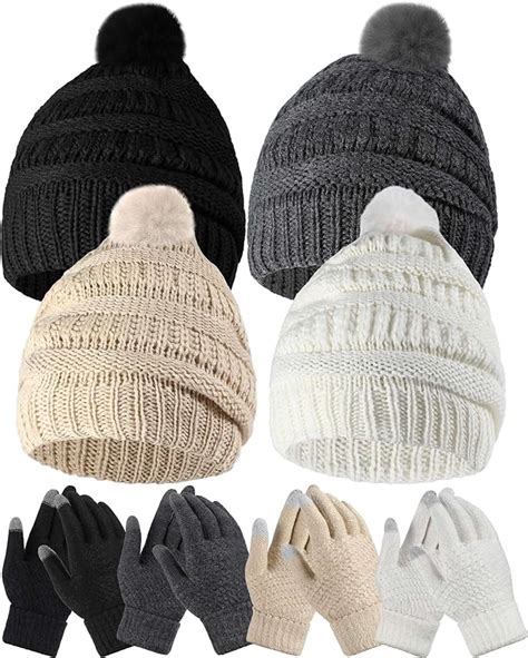 Suhine Pcs Winter Beanie Hat And Gloves Set For Women Pompom Beanie