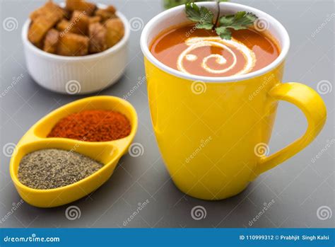 Red Hot Tomato Soup In A Yellow Cup Stock Photo Image Of Enjoyment Cooking 110999312
