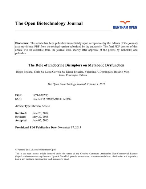 Pdf The Role Of Endocrine Disruptors On Metabolic Dysfunction