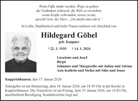 Traueranzeigen von Hildegard Göbel Trauerportal Ihrer Tageszeitung