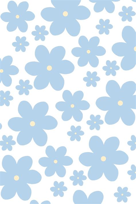 blue flowers on a white background with yellow centers and small dots in the middle,