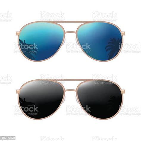 Aviator Modern Sunglasses With Palms Reflection Vector Color Flat Illustration Stock