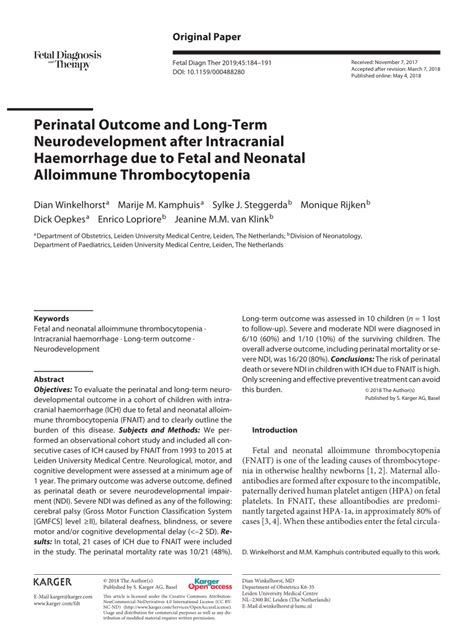 Pdf Perinatal Outcome And Long Term Neurodevelopment After