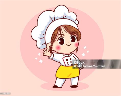 Cute Chef Girl Smiling In Uniform Mascots Gesturing Ok Sign Cartoon Art