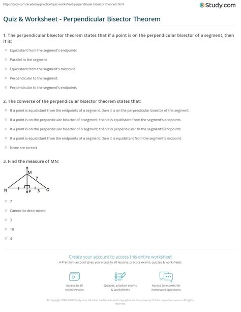 Quiz Worksheet Perpendicular Bisector Theorem Study