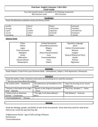 English 3 Final Exam Semester 1 Study Guide 2011 12