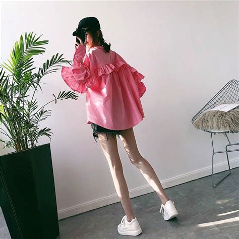 Women Lady Loose Baggy Shirt Blouse Top Ruffle Sleeve Cotton White Pink