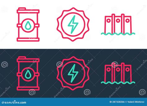 Set Line Hydroelectric Dam Bio Fuel Barrel And Lightning Bolt Icon