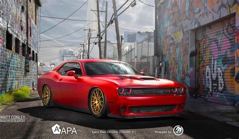 Satin Red Chrome Wrap on a Bagged Dodge Hellcat — CARiD.com Gallery