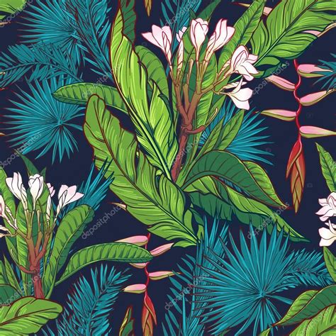 Download Tropical Jungle Seamless Pattern On Dark Blue Background