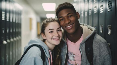 Retrato De Una Pareja Interracial Feliz Sonriendo Con Una Mochila En La