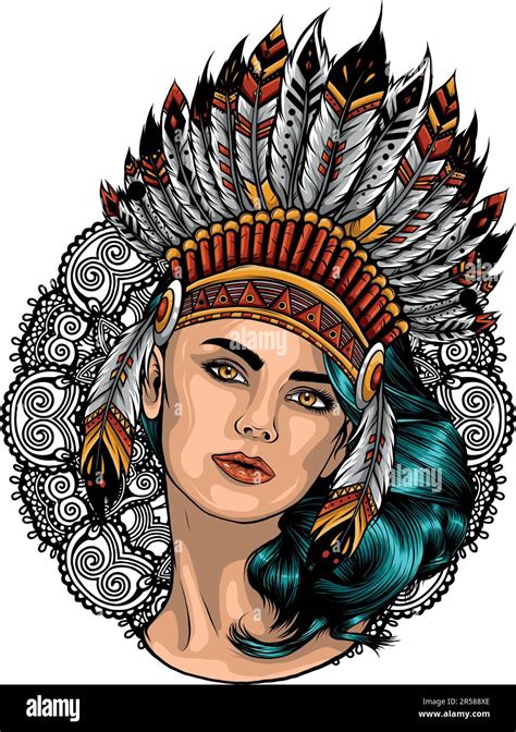 Vector Illustration Of American Indian Girl In National Headdress Stock