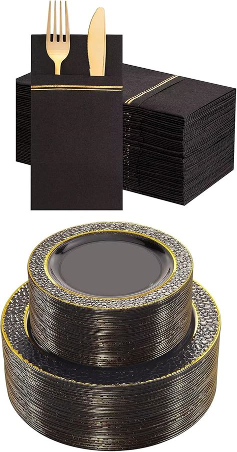 Amazon Nervure 102PCS Black Plastic Plates Clear Black And Gold