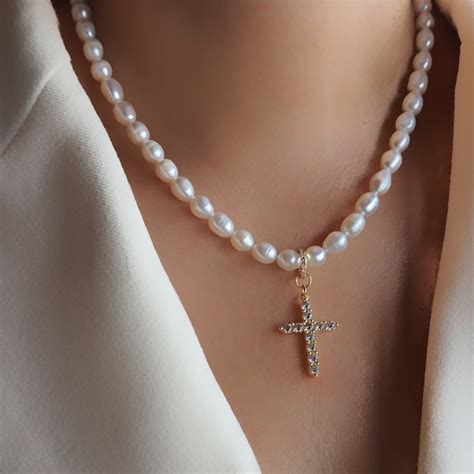 Pearl Cross Necklace Etsy