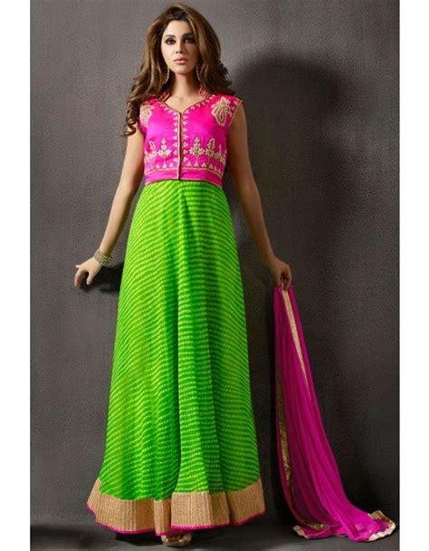 Fabulous Lime Green And Rani Pink Anarkali Suit Silk Anarkali Suits