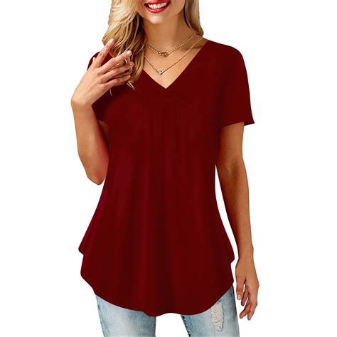 Amoretu Women V Neck Shirt Short Sleeve Loose Flowy Top Blouse Burgundy