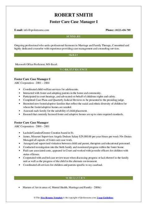 Foster Care Case Manager Resume Samples Qwikresume