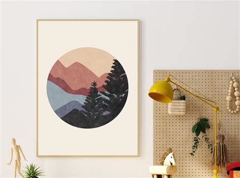 Abstract Mountain Print Mid Century Modern Terracotta Blue Etsy