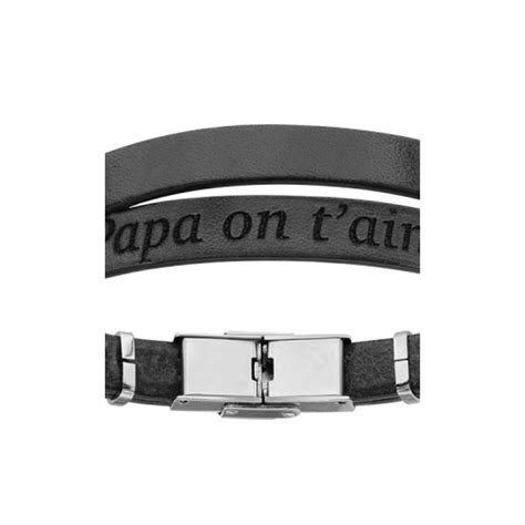 Bijoux Bracelet Cuir Et Acier Homme Papa On T Aime Noir Kinousses