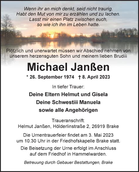 Traueranzeigen von Michael Janßen nordwest trauer de