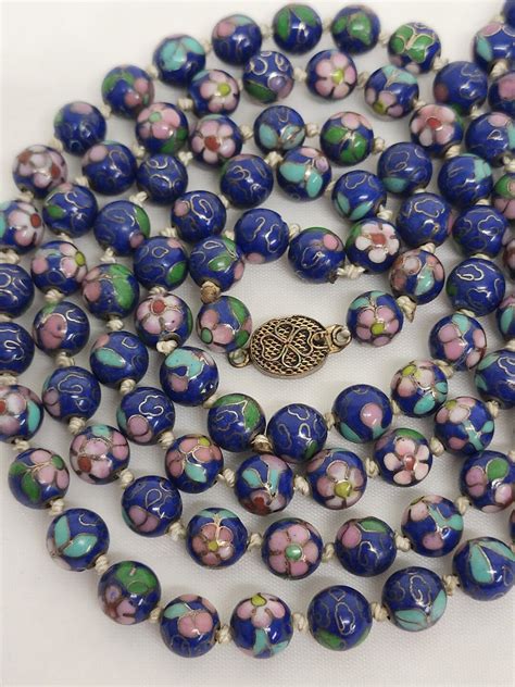 Vintage Chinese Cloisonné Floral Blue Pink Green Bead Hand Knotted