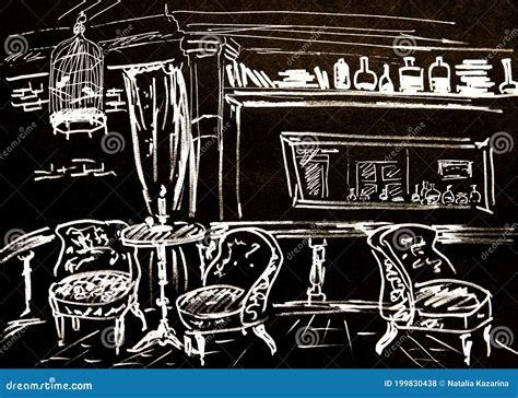 Cafe Interior Graphic Drawing On Black Background Stock Illustration