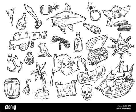 Pirates Themed Freehand Drawings Set Symbols Of Piracy Hat Swords