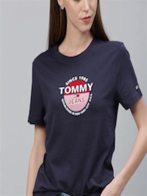 Buy Tommy Hilfiger Women Navy Blue Brand Logo Printed Round Neck Pure