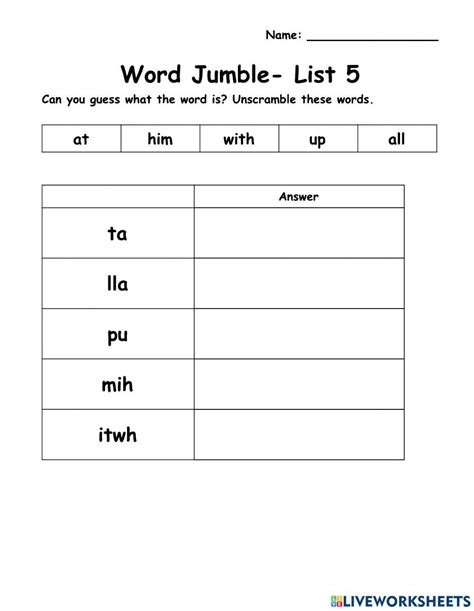 Wow List 5 5 Words Word Jumble Worksheet Live Worksheets