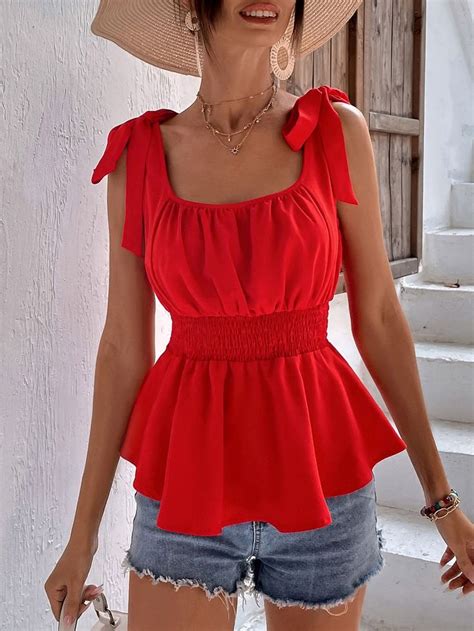 Red Elegant Polyester Plain Tank Embellished Non Stretch Women Tops