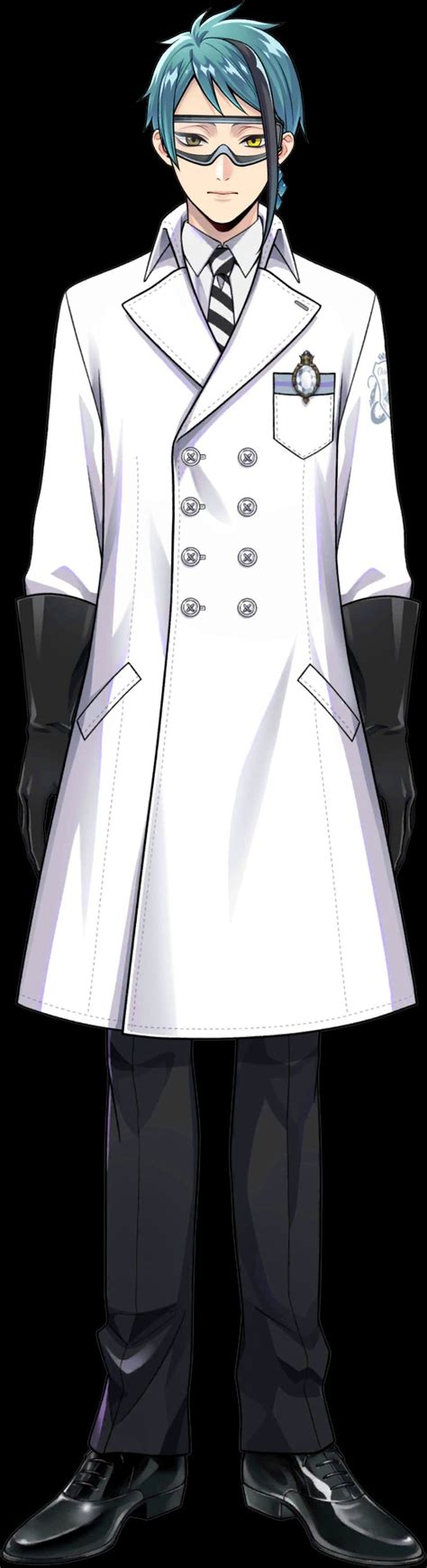 An Anime Character With Blue Hair Wearing A White Coat And Black Pants