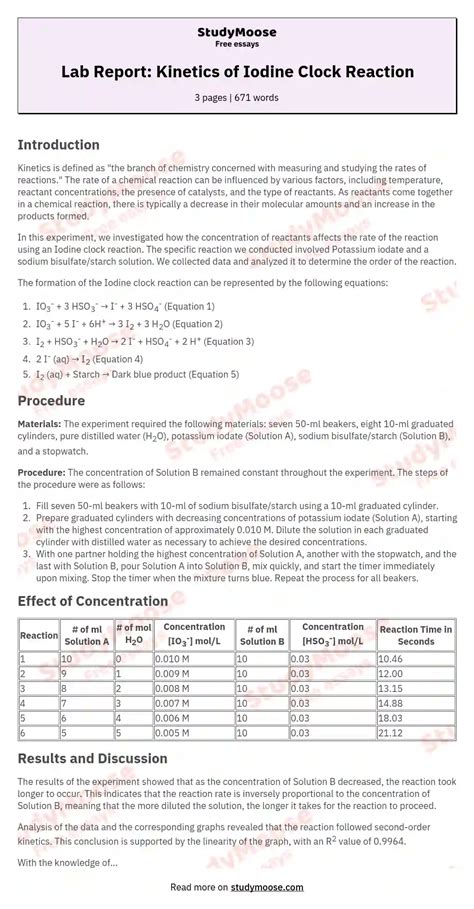 Lab Report: Kinetics of Iodine Clock Reaction - StudyMoose