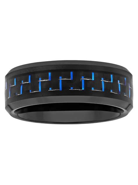 Mens Black And Blue Carbon Fiber Inlaid Ring In Black Tungsten Wedding Band