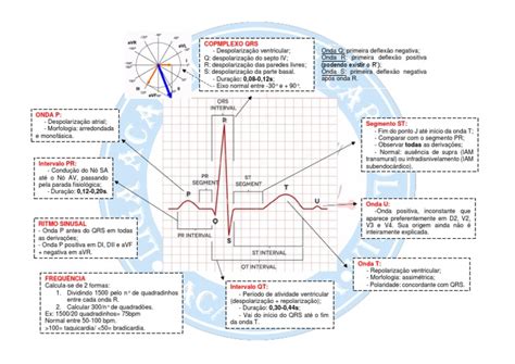 Descrição detalhada das ondas e intervalos do eletrocardiograma, com
