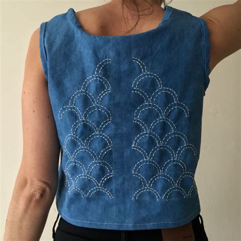 By Salt Still Handmade Indigo Dyed Crop Top With Sashiko Stitching