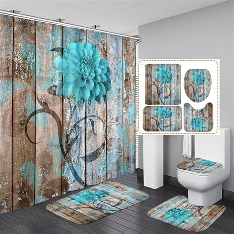 4 Pcs Bathroom Shower Curtain Set Blue Rose Shower Curtain Valentine S