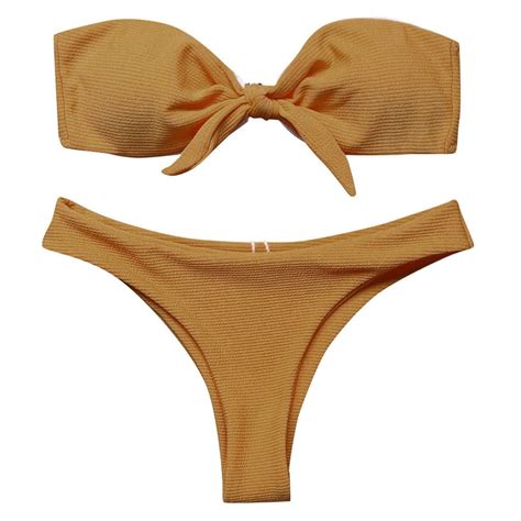 Women S Sexy Solid Bow Tie High Cut Bandeau Bikini Set Two Piece