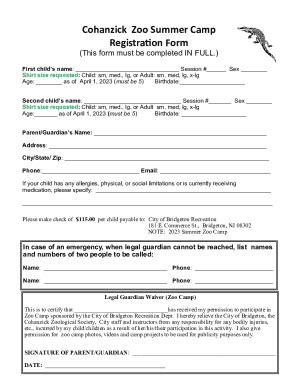 Fillable Online Cohanzick Zoo Summer Camp - Registration Form Fax Email ...