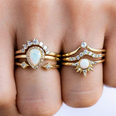 Starburst Stacking Ring Set In Gold With White Opal