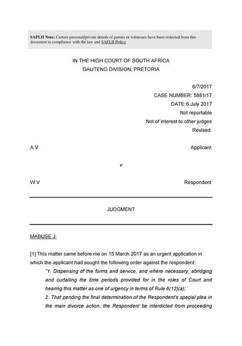 V V V July 2017 Prescribed Case Law SAFLII Note Certain Personal