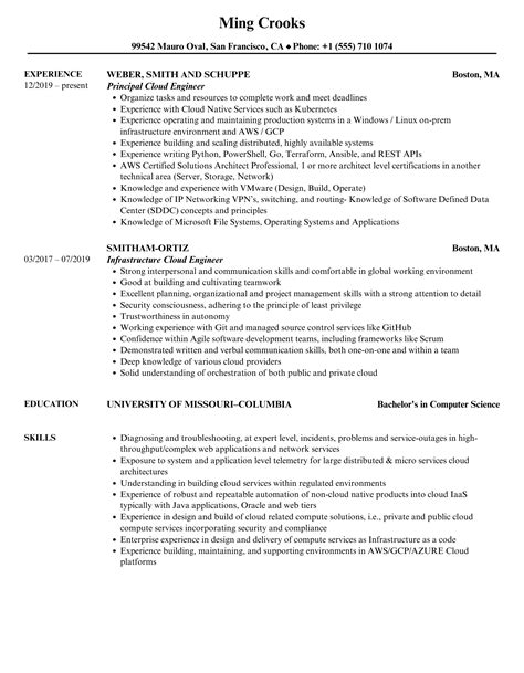 Cloud Engineer Resume Samples Velvet Jobs