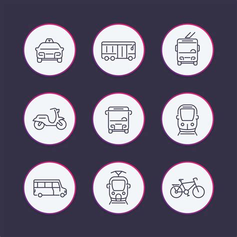 City Transport Line Icons Set Tram Train Bus Bike Taxi Trolleybus Round Vector Pictograms