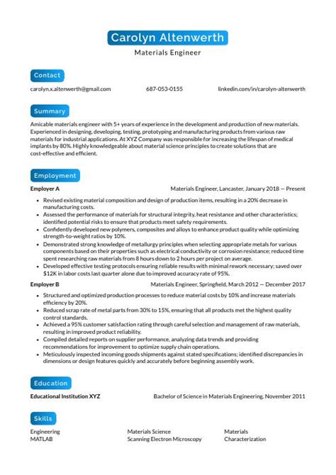 Materials Engineer Resume (CV) Example and Writing Guide