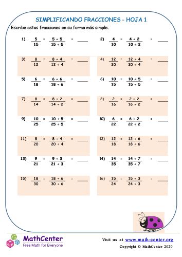 Simplificando Fracciones Hoja Hojas De Trabajo Math Center