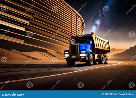 Giant Futuristic Modern Dump Truck Working In A Quarry At Night