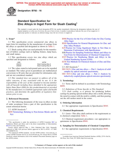 ASTM B792 16 Standard Specification For Zinc Alloys In Ingot Form For