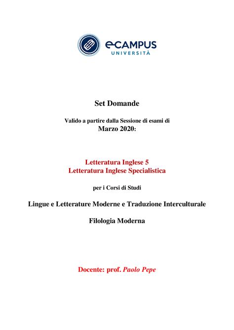 Set Domande Risposte Multiple Letteratura Inglese Pepe Paolo Set