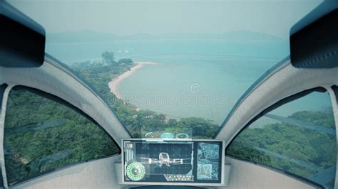 Autopilot Taxi Drone Flying Above the Island. POV Cockpit View Stock ...